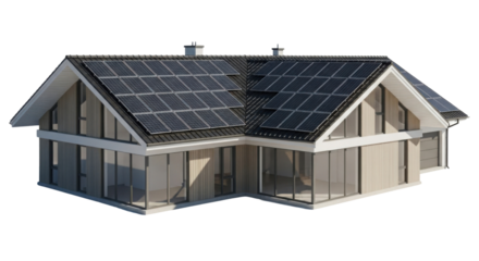 Modern house with solar panels on the roof for renewable energy isolated PNG with Transparent Background