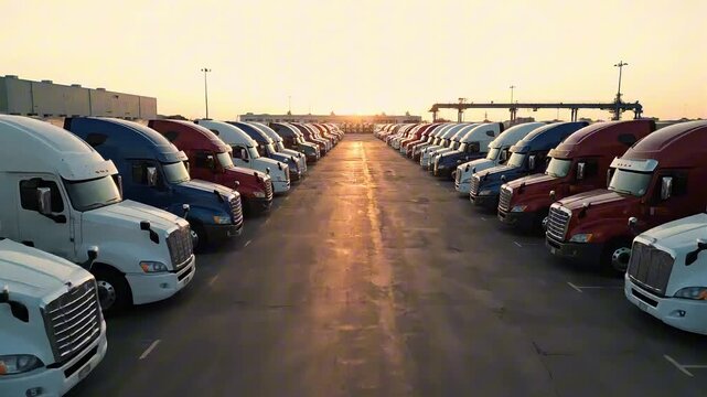 Aerial view of a large fleet of semi-trucks parked in an organized lot during the day.