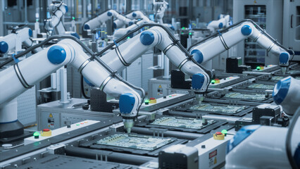 Automated Robotic Arms Assembling Circuit Boards on a Conveyor. Electronics Manufacturing with Precision and Efficiency. High-Tech Technology Production in a Futuristic Industrial Environment