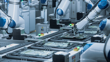 Robotic Arms Automate Circuit Board Assembly Inside a Smart Factory. Factory Floor with Automatic Conveyor is Powered by an Artificial Intelligence Software Without Human Help and Assistance
