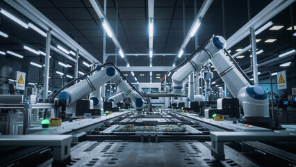 Innovative Manufacturing Factory with Industrial Robots Producing Circuit Boards in an Automated...