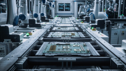 Fototapeta na wymiar Robotic Arms Automate Circuit Board Assembly Inside a Smart Factory. Factory Floor with Automatic Conveyor is Powered by an Artificial Intelligence Software Without Human Help and Assistance