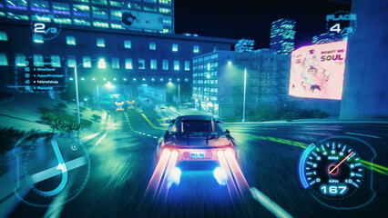 Gameplay of a Racing Simulator Video Game with HUD Information. Dynamic Racing with Damage, Carnage and Road Rage as the Sport Car Drifts Around the Turns of a Night City Street with Neon Lights