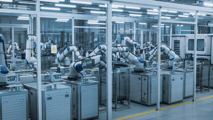 Automated Robotic Arms Assembling Circuit Boards on a Conveyor. Electronics Manufacturing with...