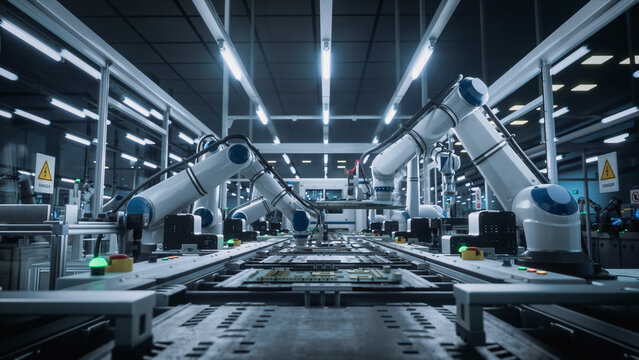 Innovative Manufacturing Factory with Industrial Robots Producing Circuit Boards in an Automated Factory. Advanced Facility Building Microelectronics Components with Robotic Arms