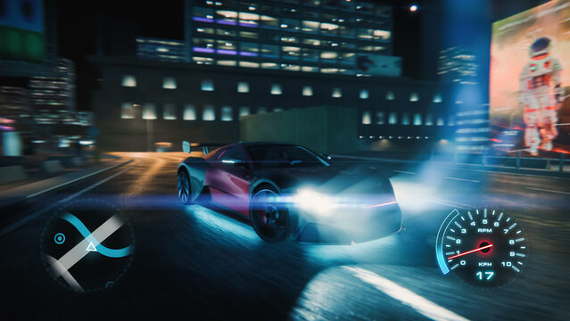 Gameplay of a Racing Simulator Video Game with HUD Information. Dynamic Racing with Damage, Carnage and Road Rage as the Sport Car Drifts Around the Turns of a Night City Street with Neon Lights