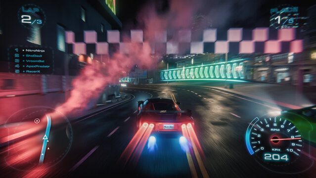 Gameplay of a Racing Simulator Video Game with HUD Information. Dynamic Racing with Damage, Carnage and Road Rage as the Sport Car Drifts Around the Turns of a Night City Street with Neon Lights