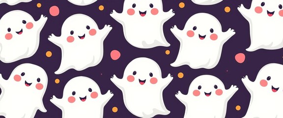 Whimsical repeating pattern of friendly cartoon ghosts with rosy cheeks and simple features,  children,  wrapping