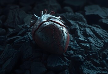 A realistic anatomical heart rests on a bed of dark, rough rocks.