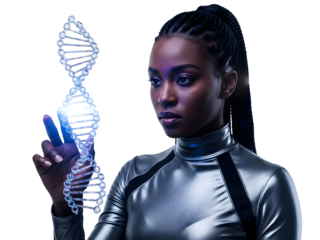 DNA Molecule Future Science with Woman Touching Hologram Technology Genetic Research Innovation Biology Biotech Development Scientific Study