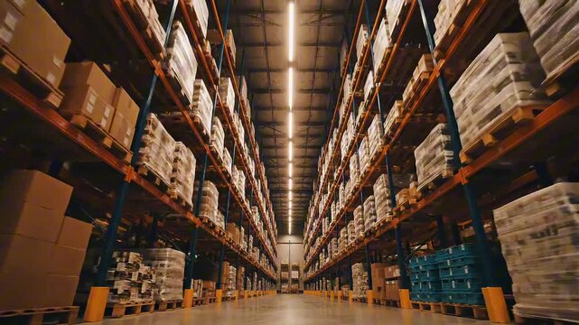 Wide shot of a warehouse interior, filled with stacked boxes and pallets on metal shelves.