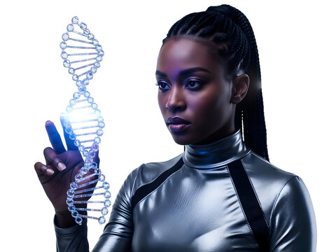 DNA Molecule Future Science with Woman Touching Hologram Technology Genetic Research Innovation Biology Biotech Development Scientific Study