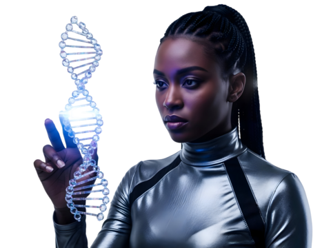 DNA Molecule Future Science with Woman Touching Hologram Technology Genetic Research Innovation Biology Biotech Development Scientific Study - Powered by Adobe