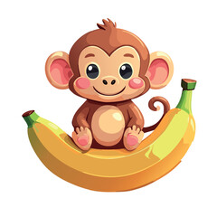 a cute monkey sitting on top of a banana, in the kawaii style