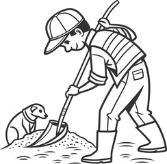 A young boy with a shovel and his faithful dog digging a hole in the ground