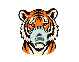 Royal Bengal tiger wearing an oxygen mask, wildlife conservation concept, endangered species awareness illustration
