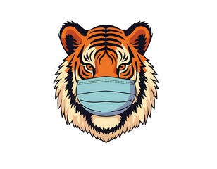 Royal Bengal tiger wearing an oxygen mask, wildlife conservation concept, endangered species awareness illustration