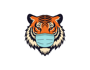 Royal Bengal tiger wearing an oxygen mask, wildlife conservation concept, endangered species awareness illustration