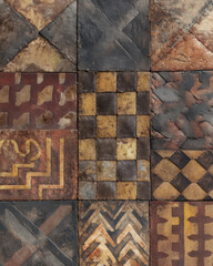 Hyper-realistic animation patchwork panel mosaic of four suede squares in contrasting emboss patterns artisanal finish