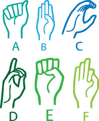 Collection of American Sign Language (ASL) hand gesture illustrations. Includes alphabet letters, basic signs, and symbolic hand shapes. Perfect for educational materials, accessibility projects, 