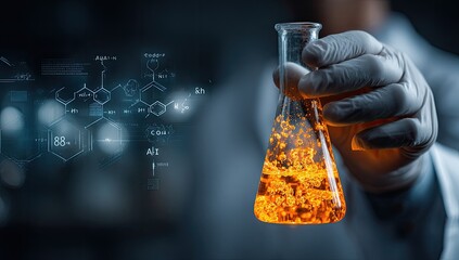 A gloved hand holds a glowing chemical flask against a backdrop of scientific diagrams