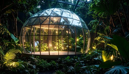 Glass Dome Structure in Lush Greenery with Illuminated Interior