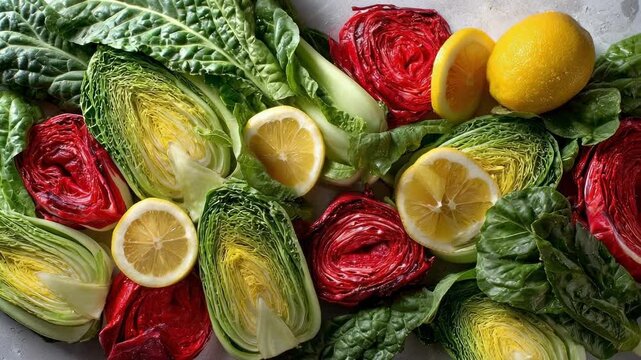Colorful assortment of green and red romaine lettuce halves with lemon halves scattered among the leaves.