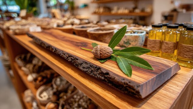 Wooden serving board with nut and leaves on display