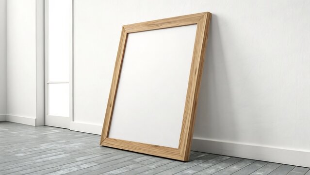 An empty wooden picture frame leaning against a white wall with a minimalist aesthetic