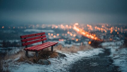 A solitary red wooden bench atop a snow-covered hill, overlooking a city at twilight