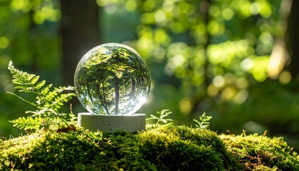 Glass Sphere on Moss with Forest Reflection Nature Photography