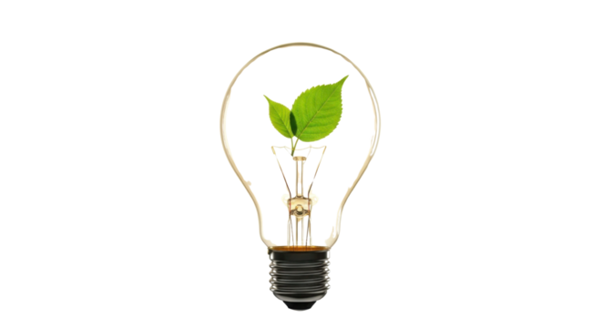 Light bulb with green leaves inside for environmental conservation concept isolated PNG with Transparent Background