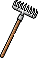 Cartoon Illustration of a Garden Rake with Wooden Handle