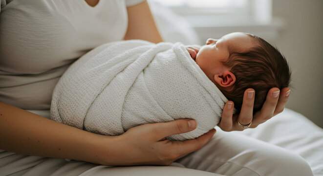 A mother cradles her newborn baby, swaddled snugly in a white blanket, in a tender moment of parental love and connection.