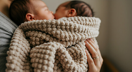 Close-up of two newborn babies wrapped in a textured blanket, held by a person.
