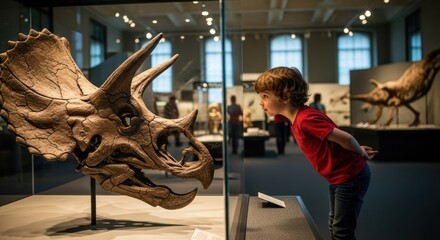 A young boy in a museum, observing a dinosaur fossil exhibit.