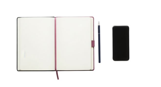 Open blank notebook with pen and smartphone for mockup concept isolated PNG with Transparent Background - Powered by Adobe