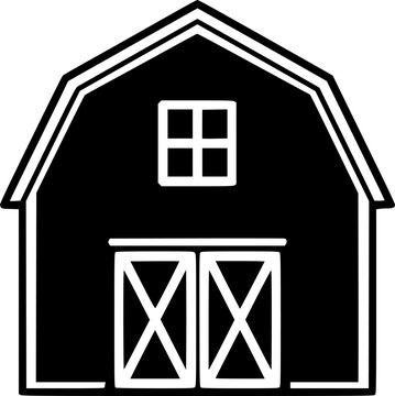 a simple barn icon, barn, white crossbuck doors, white window, black and white, minimalist, vector illustration