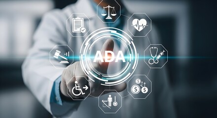 Doctor in lab coat touches a digital interface displaying the acronym ADA surrounded by medical and legal icons.
