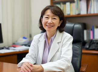 A middle-aged Asian woman, a dermatology professor or doctor, wears a white coat and gives an approachable smile while sitting at her office desk. The background bookshelf conveys professionalism.
