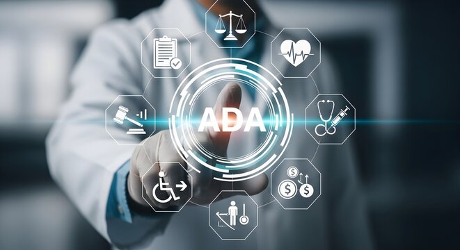 Doctor in lab coat touches a digital interface displaying the acronym ADA surrounded by medical and legal icons. - Powered by Adobe
