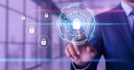 A businessman in a suit touches a digital padlock icon, representing cybersecurity and data protection against a blurred office background.