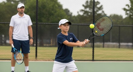 A young boy playing tennis on a court with a male coach.