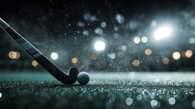 Field Hockey Stick and Ball in Rainy Match - Powered by Adobe