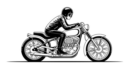 Detailed black and white line drawing of a motorcyclist on a classic bike showcasing rider and
