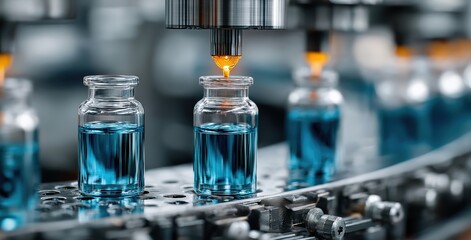 Drug manufacturing process. Conveyor with medical ampoules line at a modern pharmaceutical plant. Pharmacology production, medicine industry from laboratory 2 factory, pharmacy. Healthcare, pharma 