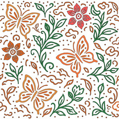 Fototapeta premium Batik Butterfly Seamless Pattern. Traditional Butterfly Vector Background. Seamless Batik Butterfly Design. Ethnic Butterfly Pattern Vector. Decorative Batik Butterfly Motif. Seamless Batik Butterfly