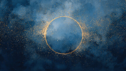 Suspended golden sunburst ring sparkles against a dark teal backdrop