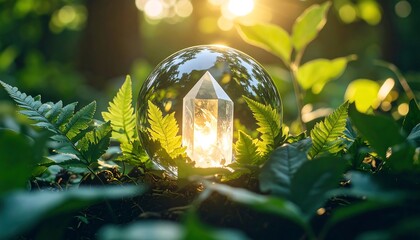 Glowing Crystal Inside Glass Sphere with Greenery and Sunlight