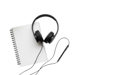 Headphones and blank notebook for studying or podcasting isolated PNG with Transparent Background